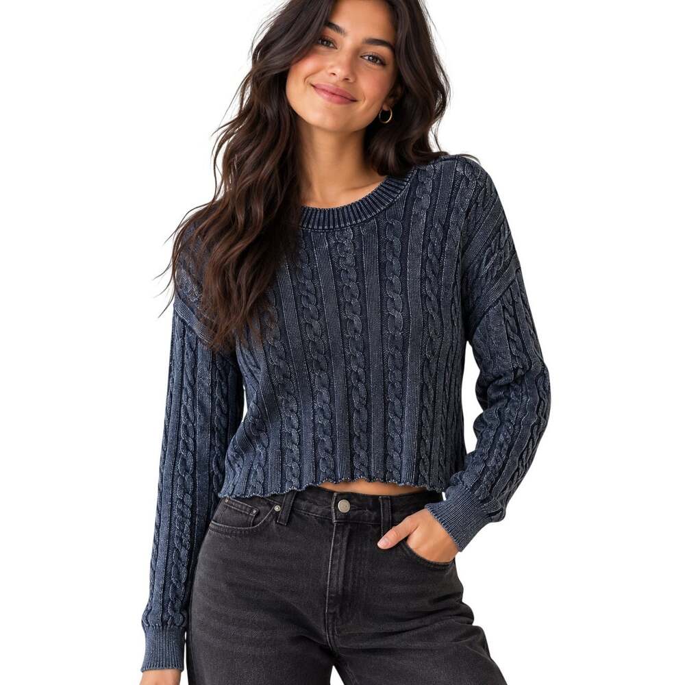 Aerie Cropped Cable Knit Sweater Womens Medium Navy Mineral Washed Cotton Cozy